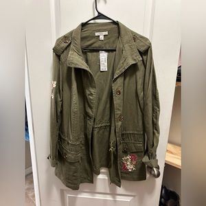 1X army green jacket with embroidered flowers NWT